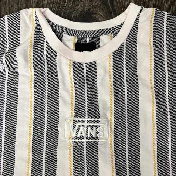 Vans Men’s Striped Gray Yellow White Short Sleeve Shirt Size L Embroidered Logo - Picture 2 of 8
